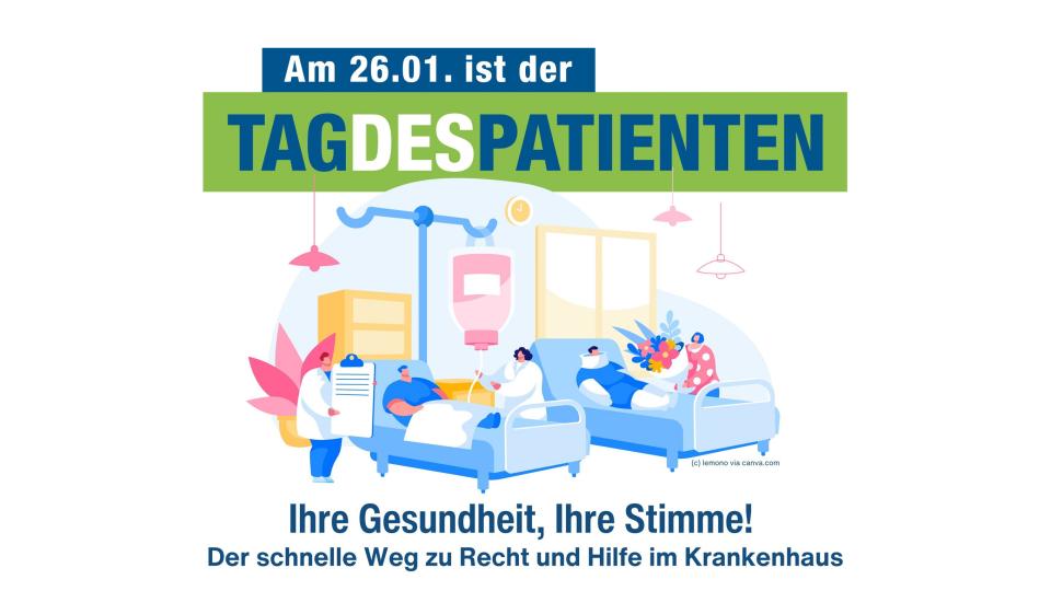 Logo und Motto des Patiententages. Das Logo zeigt grafisch eine Szene aus dem Krankenhaus. Es ist ein Krankenhauszimmer mit zwei Betten zu sehen, in denen jeweils ein Ptient liegt. An einem Bett stehen zwei Personen in weißen Kitteln, an dem anderen Bett bekommt der Patient gerade Besuch.