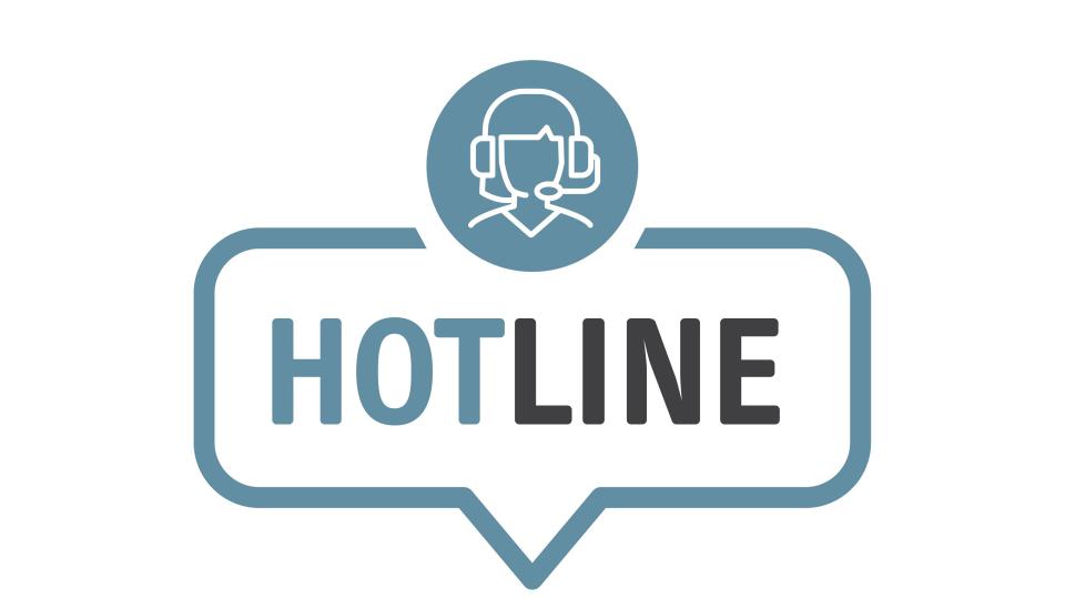Die abstrakte Zeichnung einer weiblichen Person mit einem Headset in einem blau hinterlegten Kreis. Darunter in Großbuchstaben das Wort "Hotline" wie in einer Sprechblase.